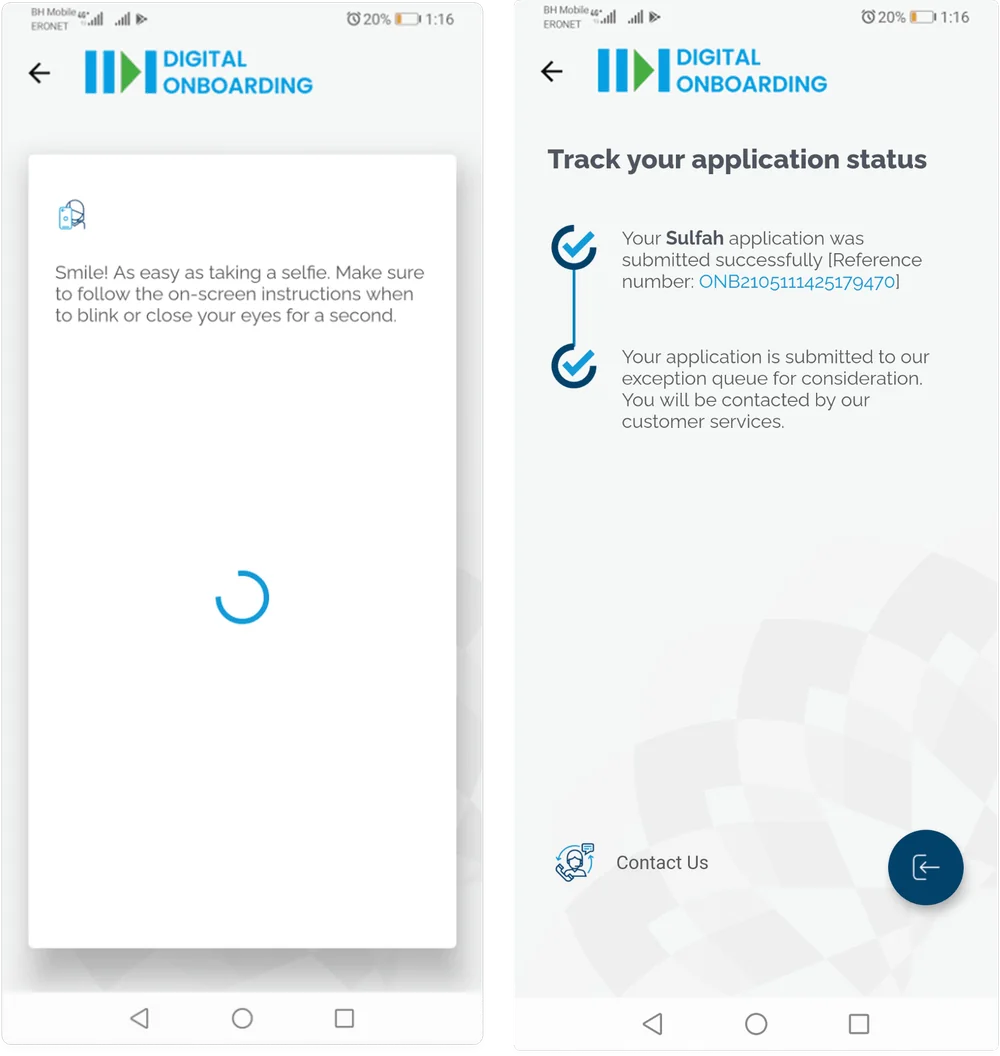 Two Digital Onboarding screens: a live selfie check starting, and an application status tracker showing a submitted reference number.