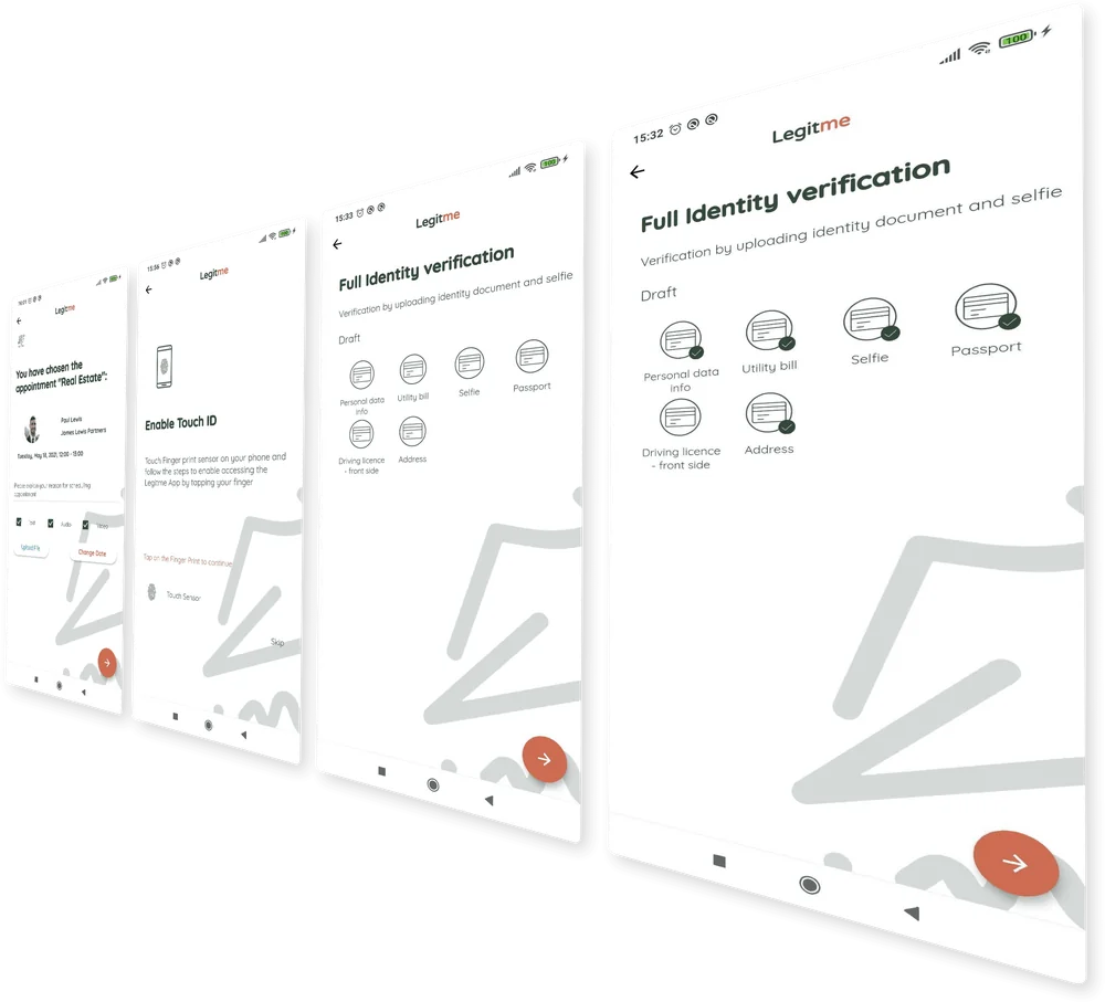 Four LegitMe app screens: a confirmed consultation appointment, Touch ID setup, and identity verification collecting a passport, selfie, utility bill and driving licence.