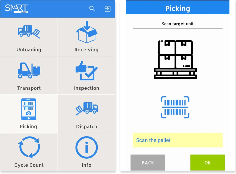 Two Smart WMS screens: the warehouse task menu covering unloading, receiving, transport, inspection, picking, dispatch and cycle counts, and a pallet-scanning step.